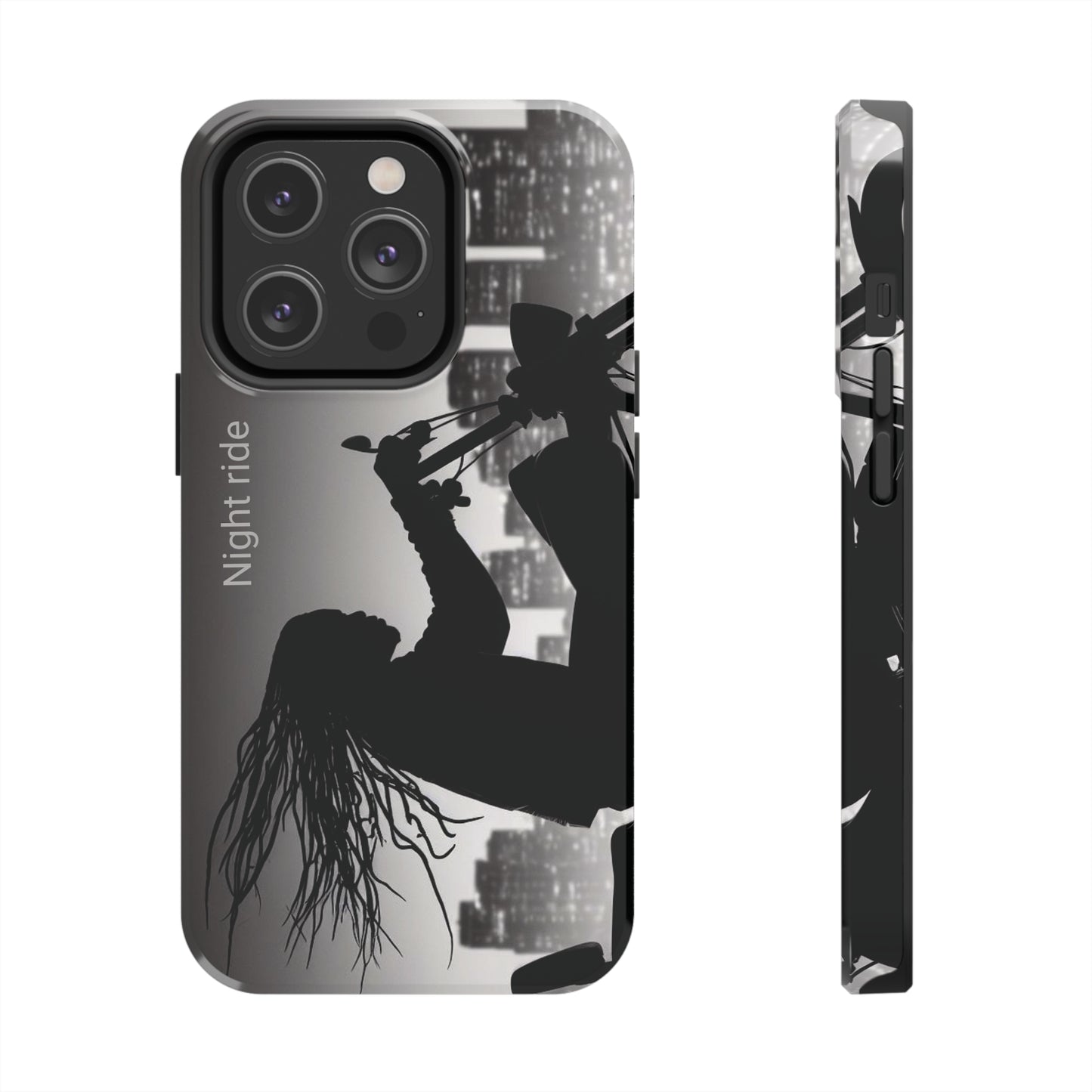i14 Pro and Pro Plus Tough Phone Cases Night ride Tough Cases, Night ride Motorcycle City Scape Black Art Dreg Hair Rider Bagger Street Glide Road King