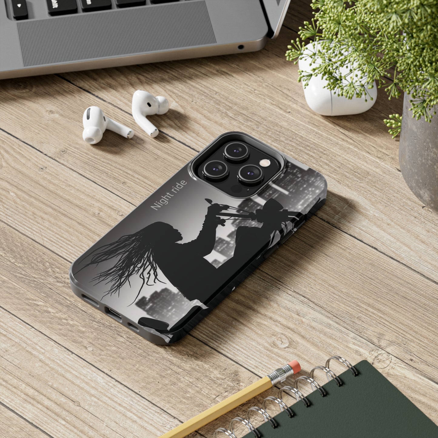 i14 Pro and Pro Plus Tough Phone Cases Night ride Tough Cases, Night ride Motorcycle City Scape Black Art Dreg Hair Rider Bagger Street Glide Road King