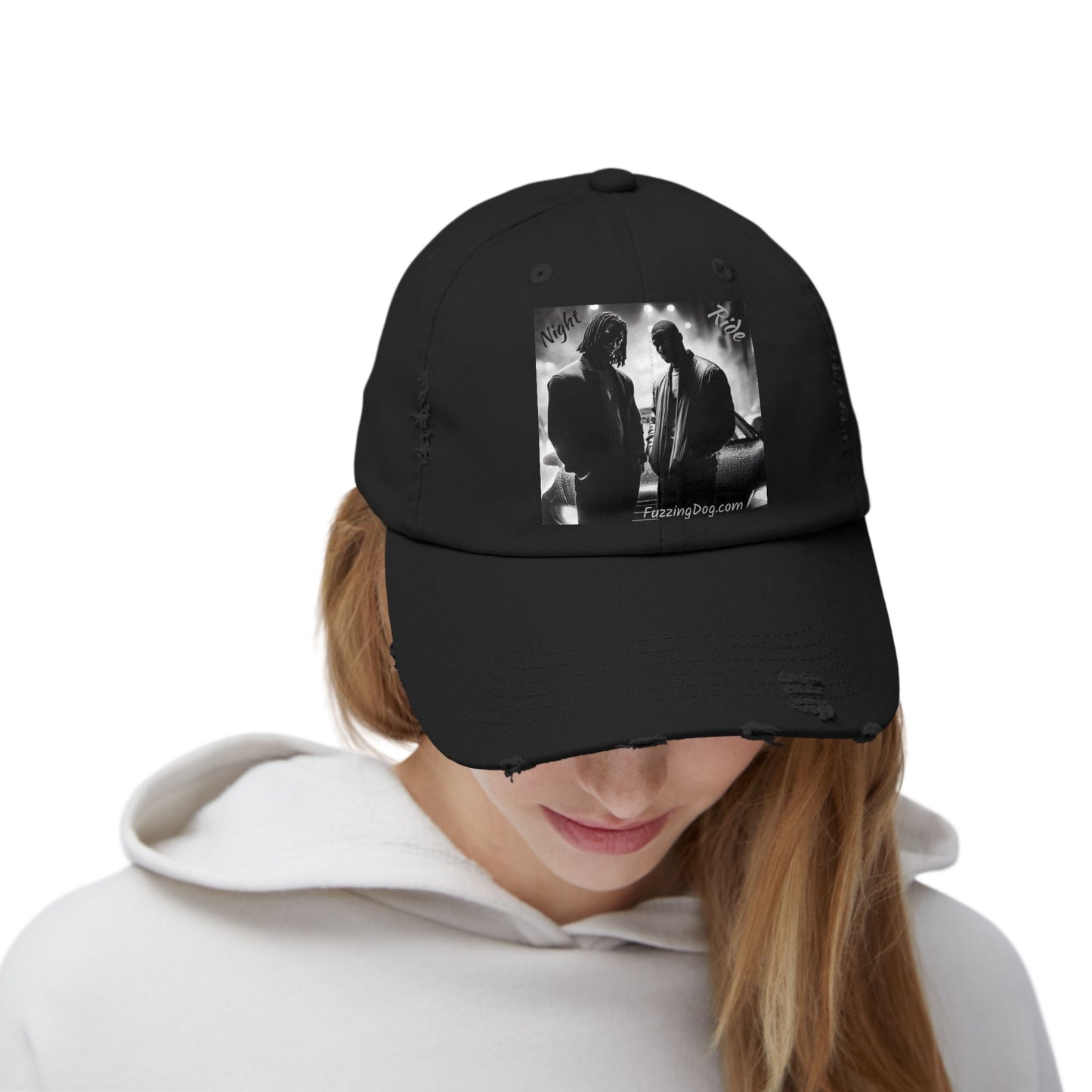 Unisex Distressed Cap - Night Ride Graphic Design, Hip-Hop Inspired Fashion
