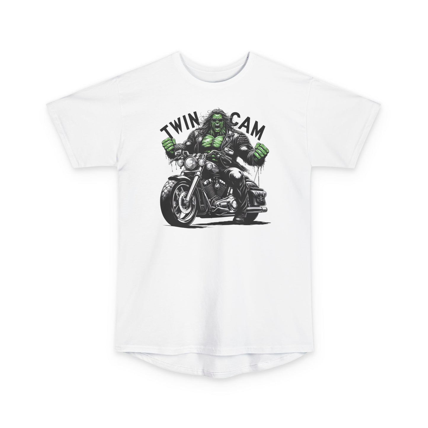 Twin Cam Urban Tee - Unisex Long Body Tee with Motorcycle Hulk Design