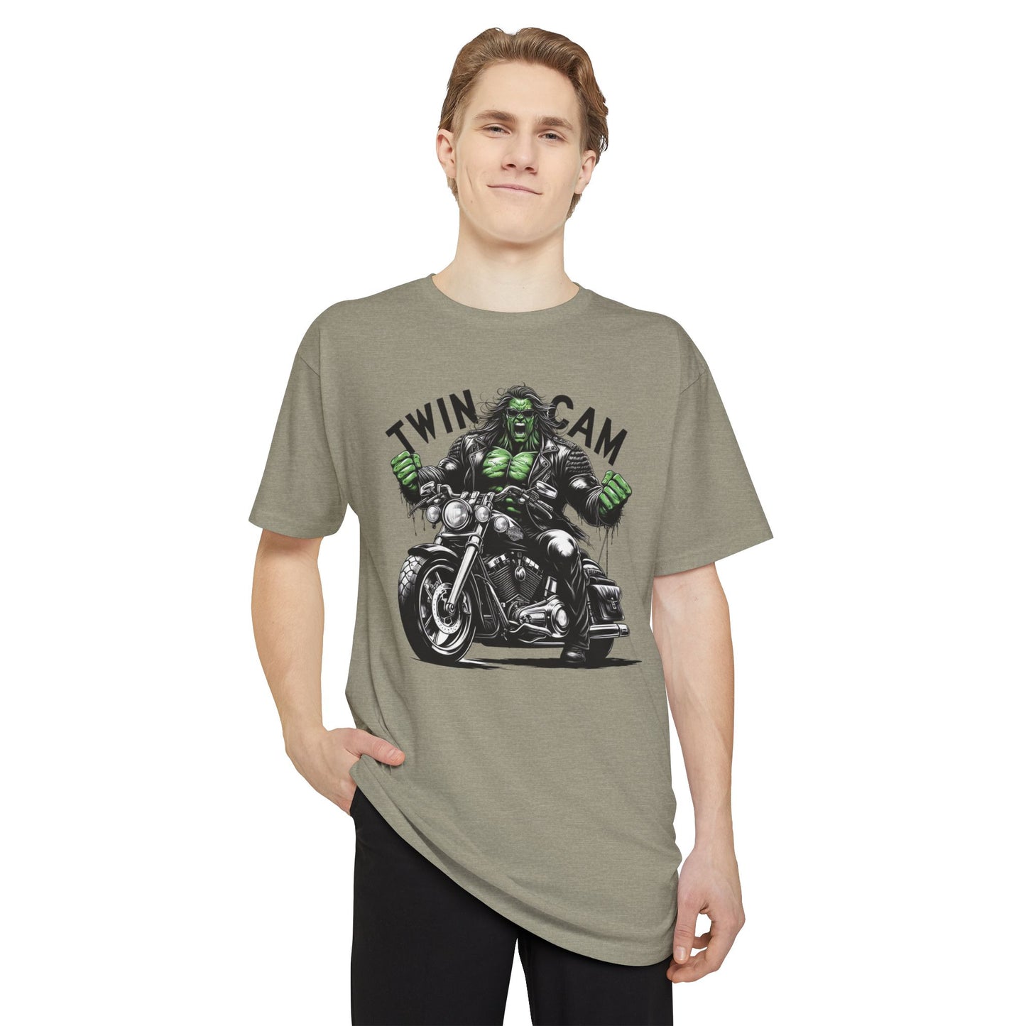Twin Cam Urban Tee - Unisex Long Body Tee with Motorcycle Hulk Design