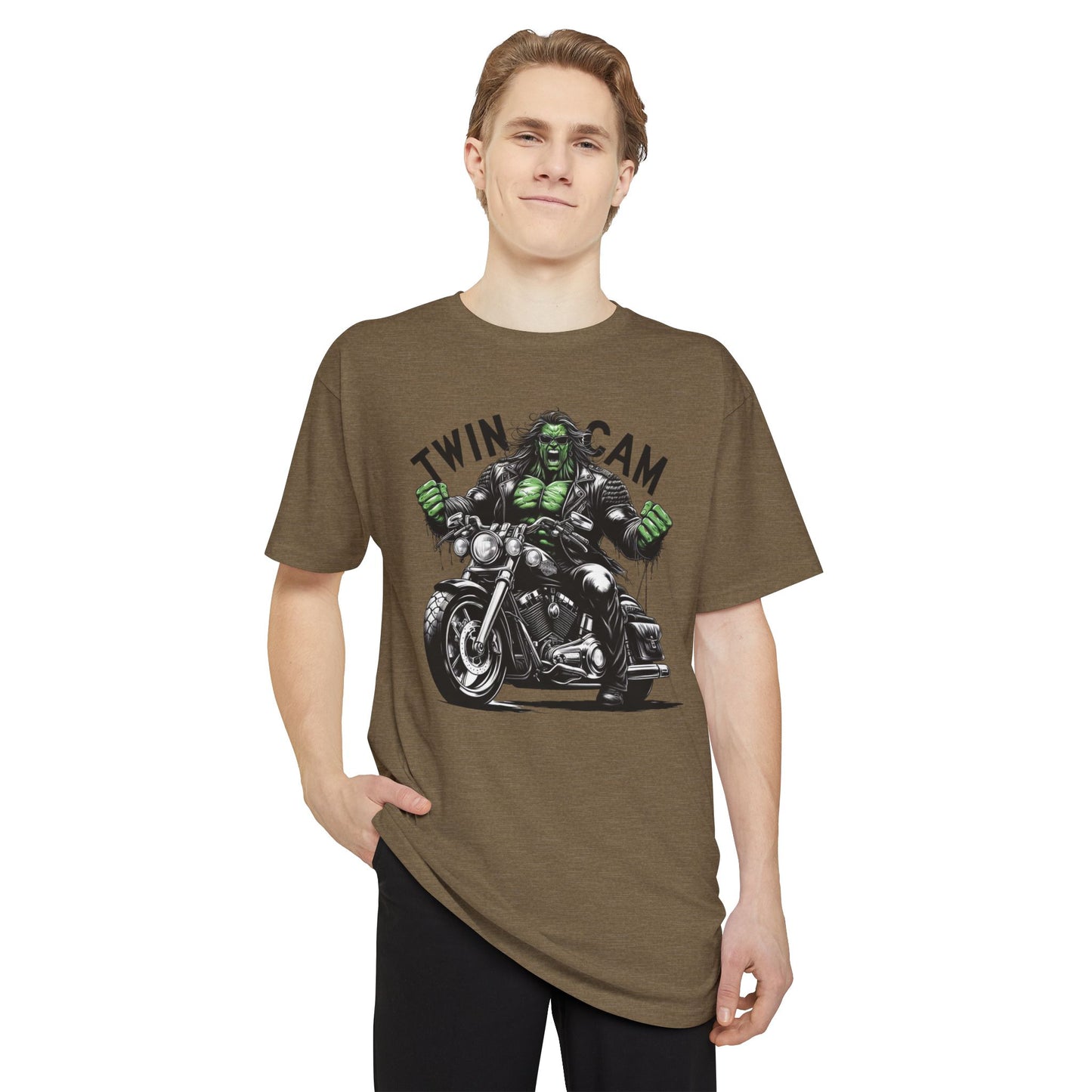 Twin Cam Urban Tee - Unisex Long Body Tee with Motorcycle Hulk Design