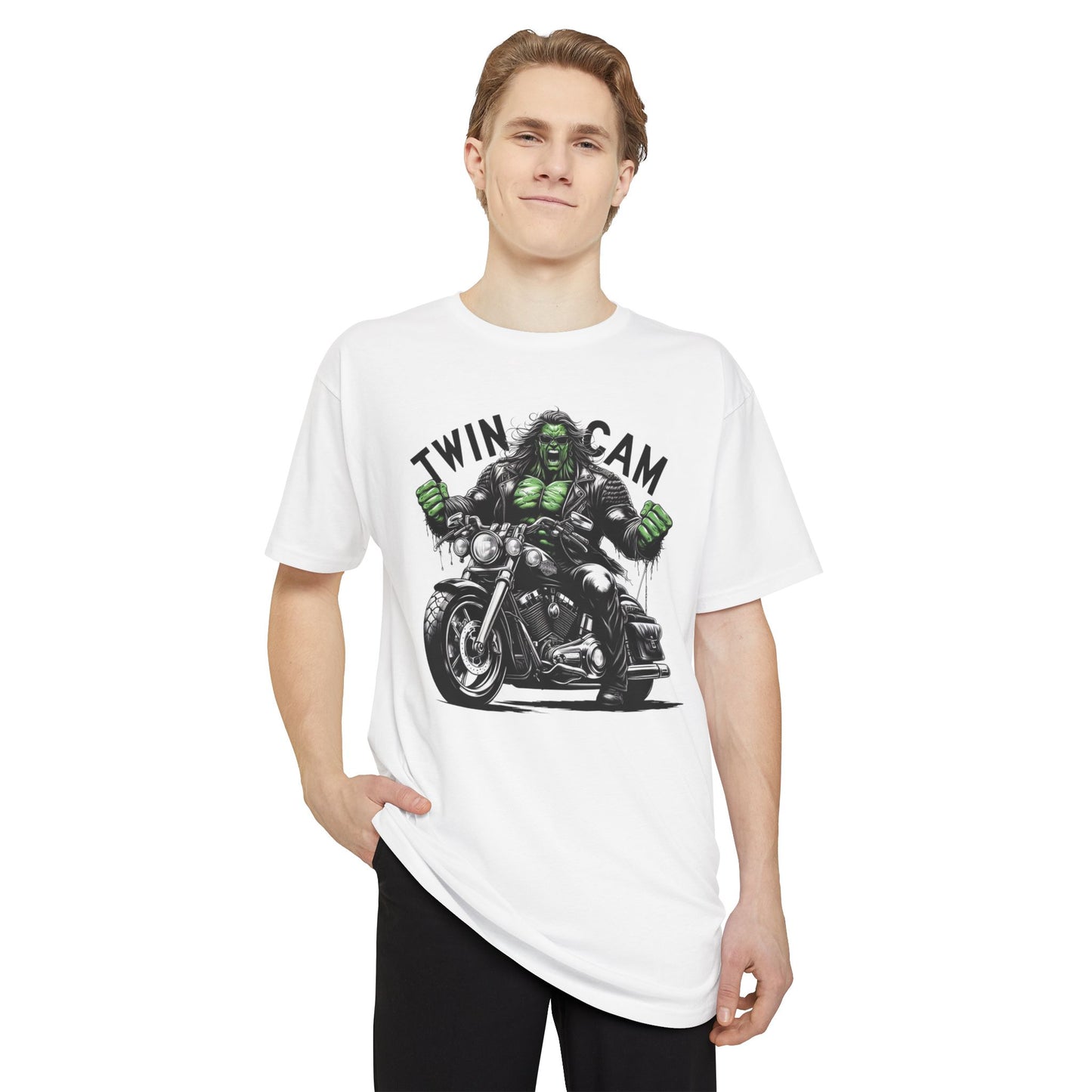 Twin Cam Urban Tee - Unisex Long Body Tee with Motorcycle Hulk Design